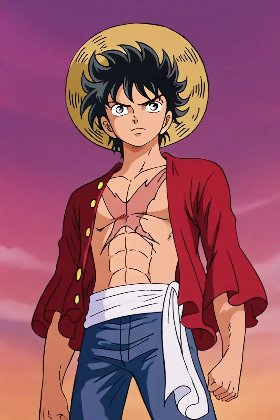 <lora:LUFFY_pony_XL:0.6>, Luffy, red jacket, scar on chest, straw hat, black hair, 1boy, solo, alone, <lora:saint_seiya_style_illustriousXL:0.8>, saint_seiya_style, masterpiece, highres