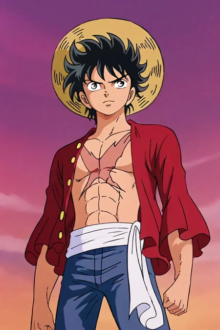 <lora:LUFFY_pony_XL:0.6>, Luffy, red jacket, scar on chest, straw hat, black hair, 1boy, solo, alone, <lora:saint_seiya_style_illustriousXL:0.8>, saint_seiya_style, masterpiece, highres