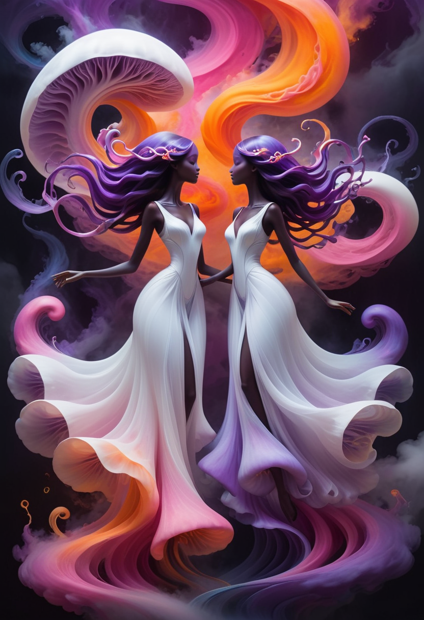 Two silhouettes surrounded by misty, colorful swirls, Two dancing female figures, surrounded by swirling colors, blending together, alien-like beings with streamlined bodies, ethereal women seated on dark clouds, reminiscent of deep-sea beings, with smoky tendrils surrounding them, with delicate brushstrokes and flowing, A colorful cartoon illustration with a gradient background, their hair blending into swirling hues of pink and purple, Floating figures in white gowns, slender figures with mushroom caps for heads and glowing orange eyes   masterpiece, detailed, best quality, absurd resolution,    <lora:artfully_ALIENDANCE:0.8>
