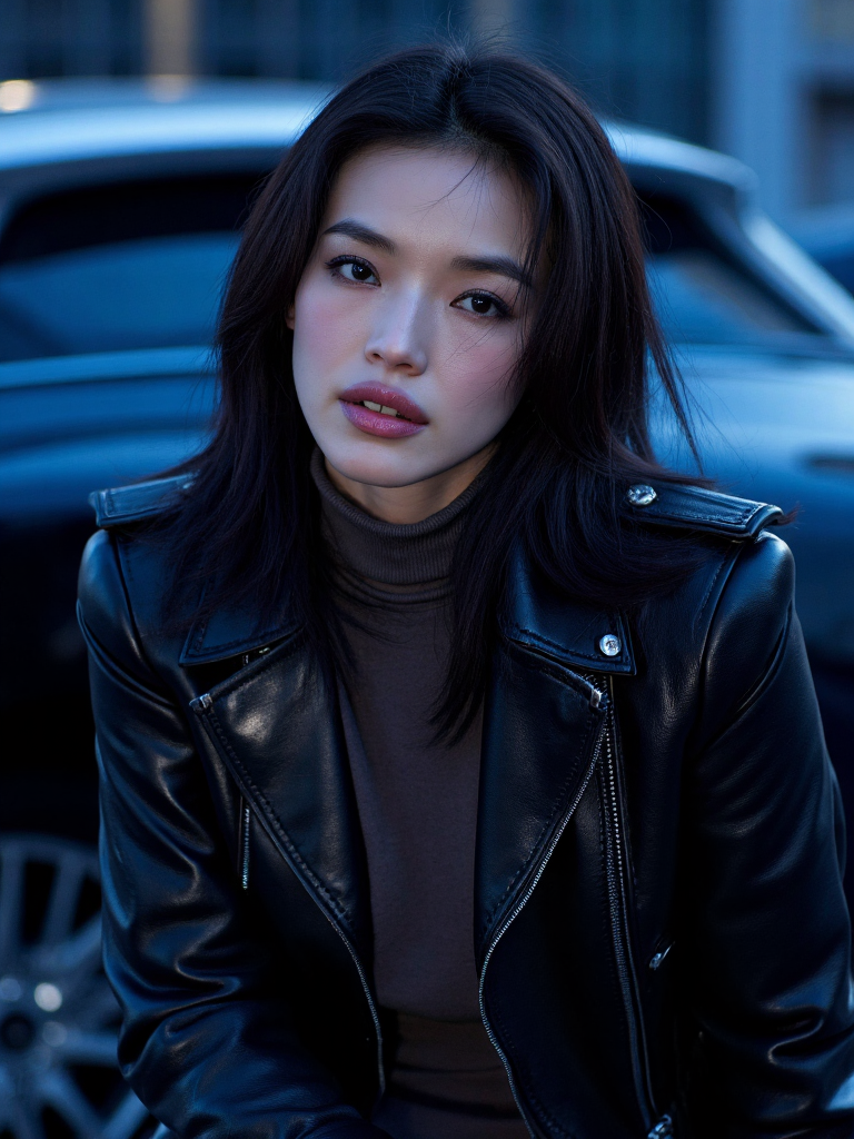 There are wonderful studio lights and various reflections,her thin face is very delicate,
18yo beautiful cute girl with blushing and female orgasm.skin naturally showing the texture of blood vessels and detailed pale skin,looking at viewer,
cowboy shot,(full body:0.7),--,
--,<lora:Hsu_Chi_f1_rank2_bf16:1>,she is Hsu Qi,
--, A stylish woman in a glossy leather trench coat over a fitted turtleneck dress, posing by a luxury car under cold blue night lighting, a hint of wind blowing her hair, giving the scene an edgy and mysterious nightlife fashion tone.