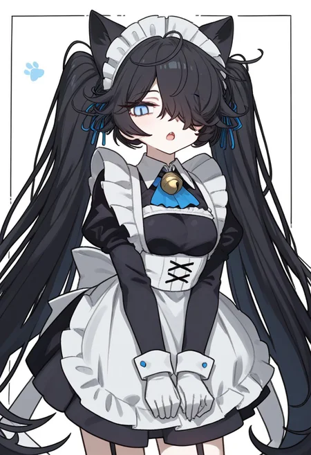 score_9, score_8_up, score_7_up, (Maid-kasli), solo, white gloves, dress, hair over one eye, maid apron, blue eyes, twintails, cat ears, maid headdress, maid, gloves, 1girl, apron, juliet sleeves, long sleeves, long hair, black hair, animal ears, bell, looking at viewer, open mouth, (((bending over, hands down)))