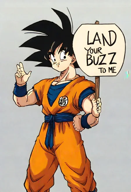 Anime style , solo, gkudbz, Detailed, goku,((holding sign with text "land your buzz to me!:1.2))