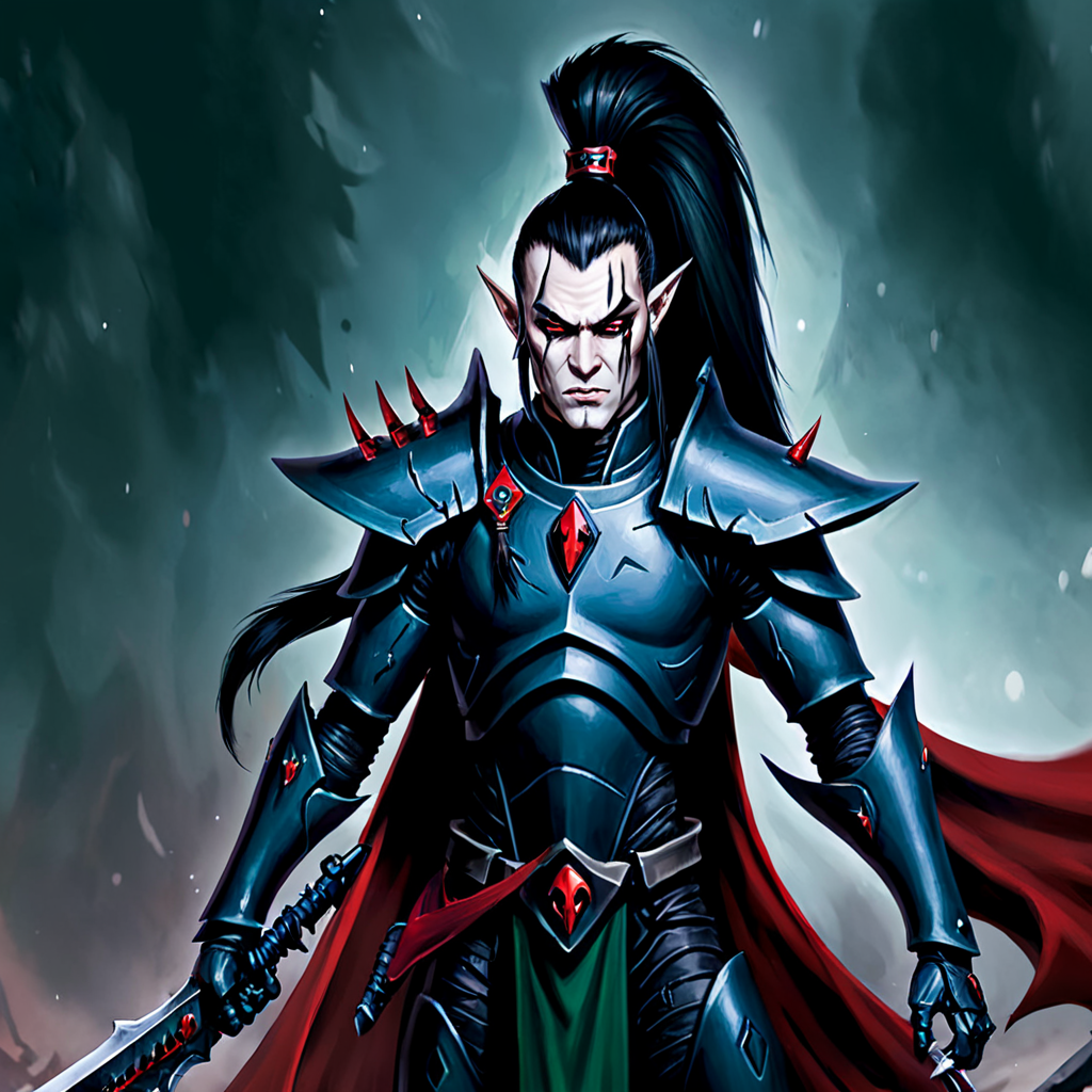 high resolution, best quality, <lora:aeldari_xl_6:1>aeldari, drukhari, standart drukhari, drukhari's armor, solo, long hair, black hair, hair ornament, red eyes, 1boy, holding, ponytail, weapon, male focus, pointy ears, sword, cape, holding weapon, holding sword,  armor