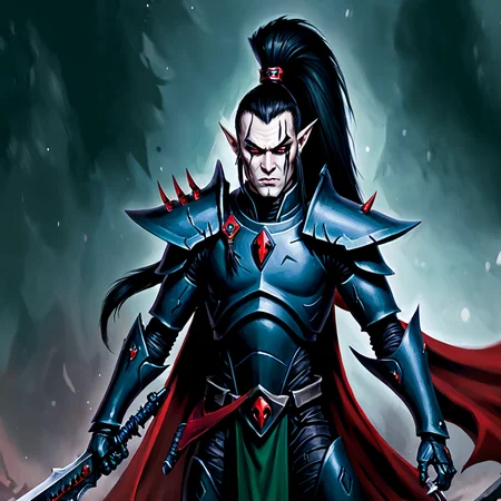 high resolution, best quality, <lora:aeldari_xl_6:1>aeldari, drukhari, standart drukhari, drukhari's armor, solo, long hair, black hair, hair ornament, red eyes, 1boy, holding, ponytail, weapon, male focus, pointy ears, sword, cape, holding weapon, holding sword, armor