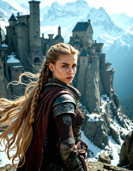 Extreme photorealistic depiction of a beautiful female warrior, long blonde braided hair, looking at viewer, realistic detailed skin texture, intricate leather armor, high-resolution, cinematic lighting, sharp focus, ultra-realistic, extreme realism, 8k, very detailed, high quality.
A secretive fortress built into the side of a mountain, with narrow paths leading to the entrance. The walls are made of dark stone, and the fortress is heavily fortified with watchtowers and archers’ slits. The air is crisp and cold, with snow-capped peaks in the background.
The female warrior Standing on a raised surface with a dramatic wind effect.
