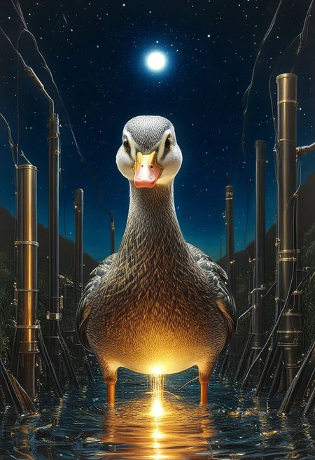 masterpiece, best quality, very aesthetic, absurdres, HyperDetailed Illustration, qu4ntum, epic background, nightsky landscapes with vibrant (brass pipes) and (silver wires) and gold circuits, a duck covered in gold circuits, glowing eyes, vivid eye color, (beautiful eyes:1.2), (gradient iris, crisp iris edges), confident pose, duck pose, eating a chunk of silver wires,
