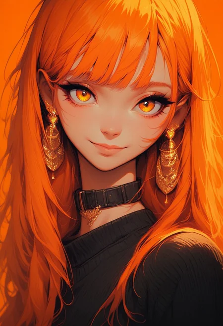 score_9, score_8_up, score_7_up,
c0l0r1f1c4t10n0r4ng3,ColorificationOrange,Colorification Orange, 1girl, solo, long hair, looking at viewer, smile, bangs, simple background, shirt, jewelry, closed mouth, yellow eyes, upper body, earrings, choker, orange hair, collar, sweater, lips, orange eyes, black shirt, eyelashes
