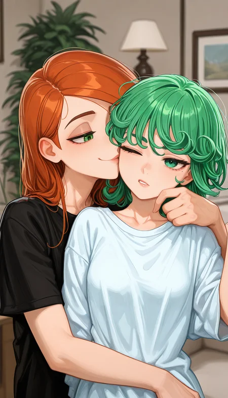 <lora:Illustrious\Characters\Tatsumaki.safetensors:0.85>small breasts, 1girl, tatsumaki, green hair, green eyes,short hair, white sclera, curly hair, one eye closed, oversized shirt, white shirt, hair, 1girl, standing, sleepy, upper body, <lora:Illustrious\Characters\Kim Possible.safetensors:0.85>,kim possible \(series\), kim possible, Kim, long hair, orange hair, green eyes, white sclera, medium breasts, black shirt, oversized shirt, naughty face, hand on cheek, kissing cheek, hair, 1girl, standing, sleepy, upper body,
