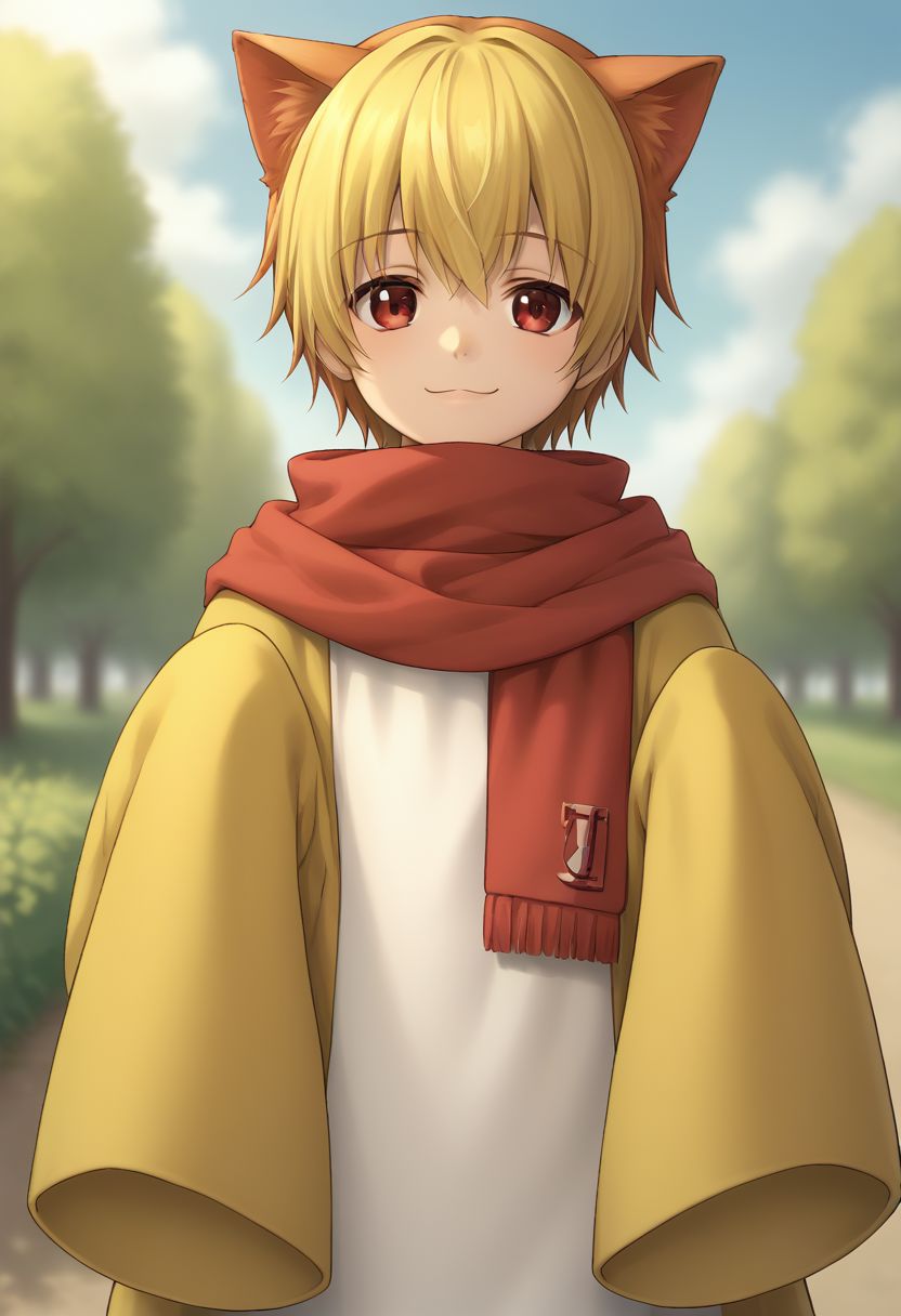 score_9, score_8_up, source_anime, highly detailed, 
sakuteru, solo, 1boy, male focus, blonde hair, animal ears, red eyes, scarf, :3, cat ears, smile, sleeves past wrists,
outdoor,
