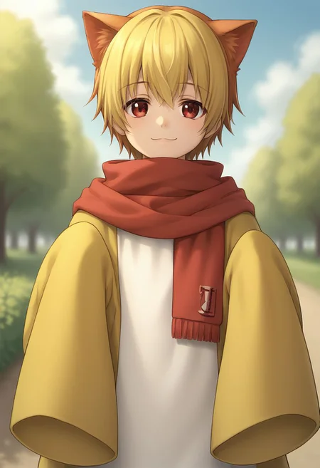 score_9, score_8_up, source_anime, highly detailed,
sakuteru, solo, 1boy, male focus, blonde hair, animal ears, red eyes, scarf, :3, cat ears, smile, sleeves past wrists,
outdoor,