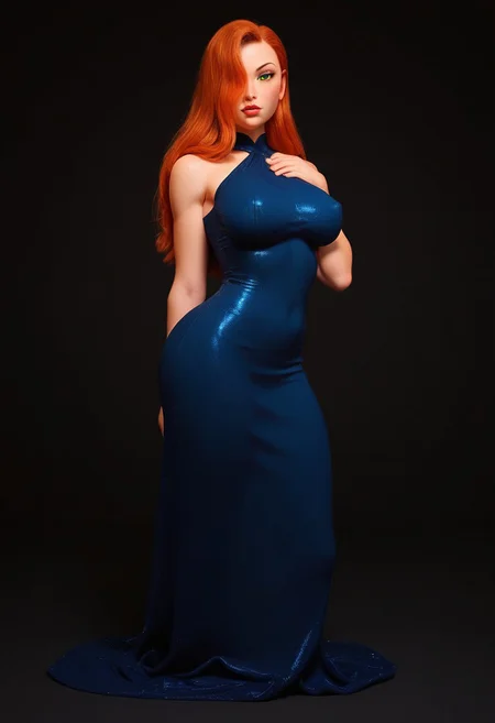 score_9,score_8_up,score_7_up,score_6_up,score_5_up,score_4_up, source_anime, digital art, female portrait, semi-realistic, 3D illustration, EyesHD, GLSHS, high-resolution, 1girl, jessica rabbit, red hair, hair over right eye, green eyes, large breasts, ruanyi0932, blue dress, halter dress, sleeveless,cowboy shot, taut dress, skin tight, long dress, looking at viewer, full body, BREAK black background, spotlight,