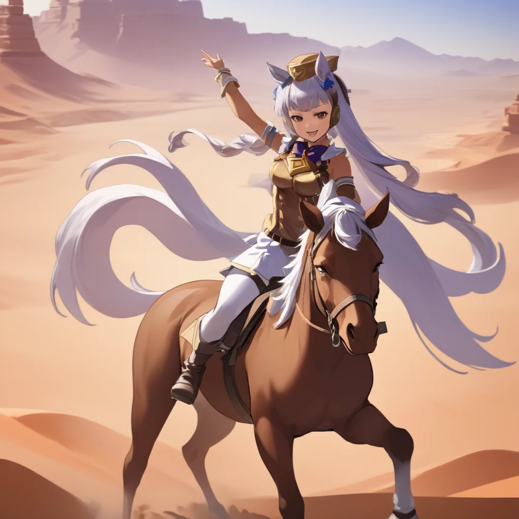 A masterpiece anime professional digital art of a uma musume girl GoldShip with a smirk, riding a horse in desert <lora:goldship_xl-000040:1>