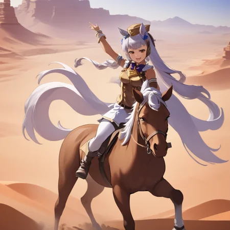 A masterpiece anime professional digital art of a uma musume girl GoldShip with a smirk, riding a horse in desert  <lora:goldship_xl-000040:1>