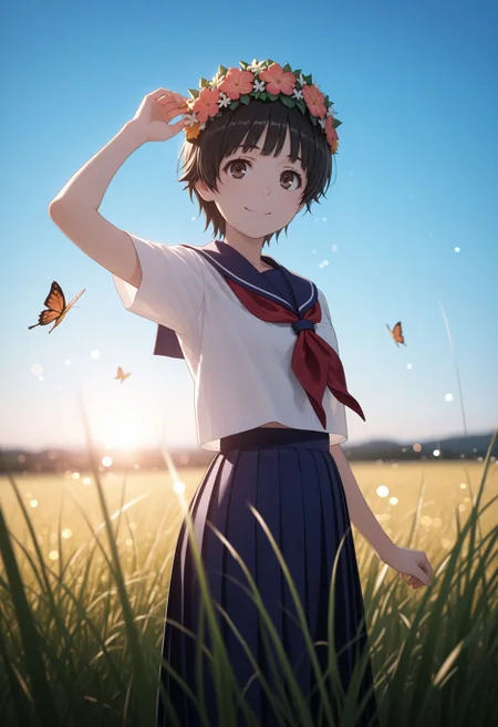 masterpiece,best quality,absurdres,highres,very aesthetic,high quality,detailed,insanely detailed,beautiful,perfect lighting, ,depth of field,blurry background,bokeh, looking at viewer, smile, grass, tall grass, blue sky, butterfly, standing
<lora:Uiharu Kazari:1>1girl, short hair, black hair, brown eyes, head wreath, sakugawa school uniform, summer uniform, serafuku, sailor collar, red neckerchief, blue skirt, pleated skirt, long skirt