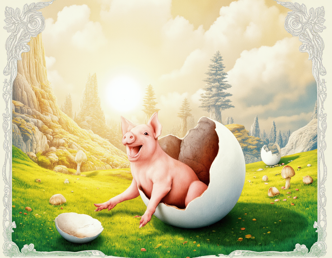  <lora:{surreal, }Surreal:0.85> surreal, A surreal and dreamlike illustration of a little pig emerging from a giant chicken egg, set against a soft, pastel-colored background with fluffy white clouds and vibrant green grass. The little pig, with its pink skin, tiny snout, and curly tail, is depicted in a state of joyful confusion, its beady eyes wide with wonder as it takes its first breaths. The chicken egg, with its cracked and broken shell, lies shattered on the ground, its remnants still clinging to the pig's wet, newborn body. The pig's skin is smooth and hairless, with a subtle sheen that catches the warm, golden light that permeates the scene. The lighting is gentle and ethereal, with a soft glow that seems to emanate from within the egg itself, casting long, curving shadows across the grass. In the background, strange and fantastical elements begin to emerge, such as towering mushrooms, twisting vines, and distant, shimmering waterfalls. The illustration style is highly detailed and textured, with bold lines and vibrant colors that blend and merge in unexpected ways. The overall mood is one of enchantment and possibility, as if the very laws of nature are being rewritten before our eyes. The image features a wide-angle shot, with a deep depth of field that draws the viewer's eye deep into the heart of the surreal landscape. The texture is hyper-detailed, with intricate patterns and shapes that invite the viewer to explore and discover. The illustration is framed by a delicate, hand-drawn border, adorned with tiny, swirling motifs that add to the sense of wonder and magic. . 35mm photograph, film, bokeh, professional, 4k, highly detailed