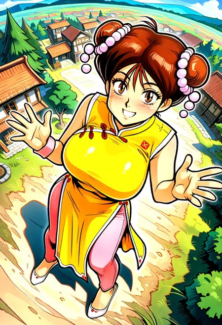 masterpiece, best quality, amazing quality, very aesthetic, absurdres, newest, larffl3, 1girl, tall, large breasts, double bun, hair pearls, short brown hair, yellow china dress, single pink wristband, brown eyes, pink pants, (white footwear, heel-less:1.3), looking at viewer, cheerful, excited, open mouth, grin, wide eyed, outside, village, view from above,