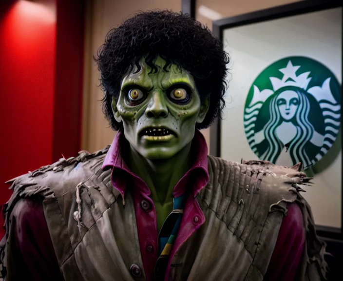 mjthriller zombie ordering a coffee at starbucks, intricate detail, detailed face, very sharp, high quality, professional photography  <lora:hjmjthriller_v10:0.7>