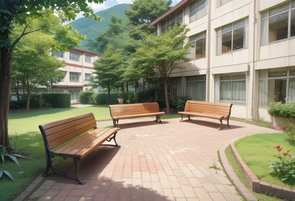 score_9, score_8_up, score_7_up, rating_safe, masterpiece, best quality, absurdres, unity 8k wallpaper, official art, official style, source_anime, uncensored, game cg, megami magazine,
nakaniwa, scenery, tree, outdoors, grass, window, building, bench, day, fence, door
 <lora:gakkou_nakaniwa_PONY_V1:1>