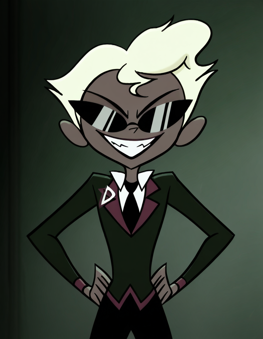 <lora:Agent2Illustrious1.0JLFO:1> agent2, 1girl, solo, blonde hair, suit,sunglasses, hands on own hips, grin,  formal, necktie, short hair, female focus, black necktie, dark skin, long sleeves, pants, looking at viewer, standing,