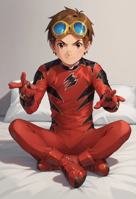 score_9, score_8_up, score_7_up, zPDXL2, 
1boy, solo, goggles on head, brown hair, 
,sitting on bed,
geki red, red bodysuit, black markings,   red gloves, red boots,