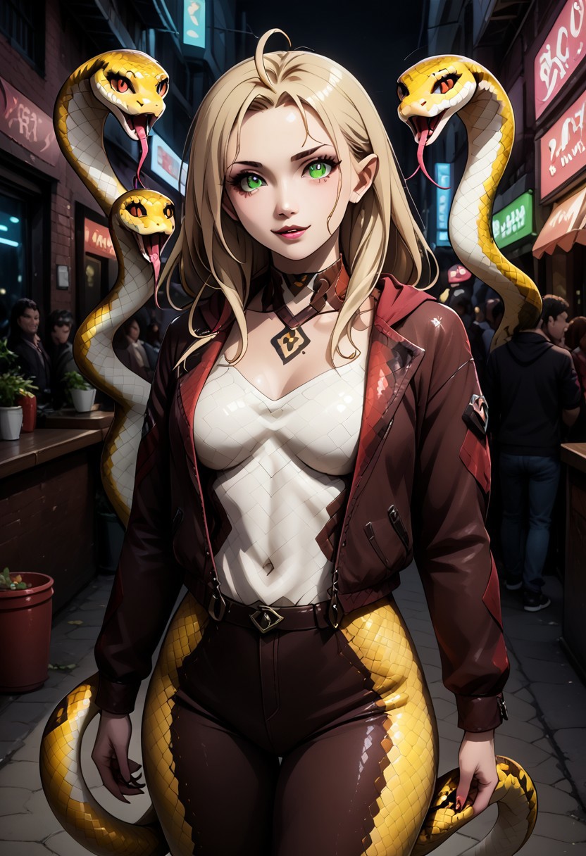 (snake_hybrid:2.4), score_9, score_8_up, score_7_up , 1girl, solo, long hair, pink hair ribbon, cowboy shot, nightclub, neon lights, bokeh, depth of field, blush, happy, makeup, open leather jacket, red leather high waist pants, signora, Robina, long hair, hair between eyes, green eyes, pointy ears, elf, blonde hair, ahoge, Cyberpunk, pg rating.