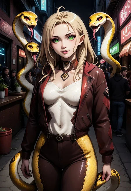 (snake_hybrid:2.4), score_9, score_8_up, score_7_up , 1girl, solo, long hair, pink hair ribbon, cowboy shot, nightclub, neon lights, bokeh, depth of field, blush, happy, makeup, open leather jacket, red leather high waist pants, signora, Robina, long hair, hair between eyes, green eyes, pointy ears, elf, blonde hair, ahoge, Cyberpunk, pg rating.