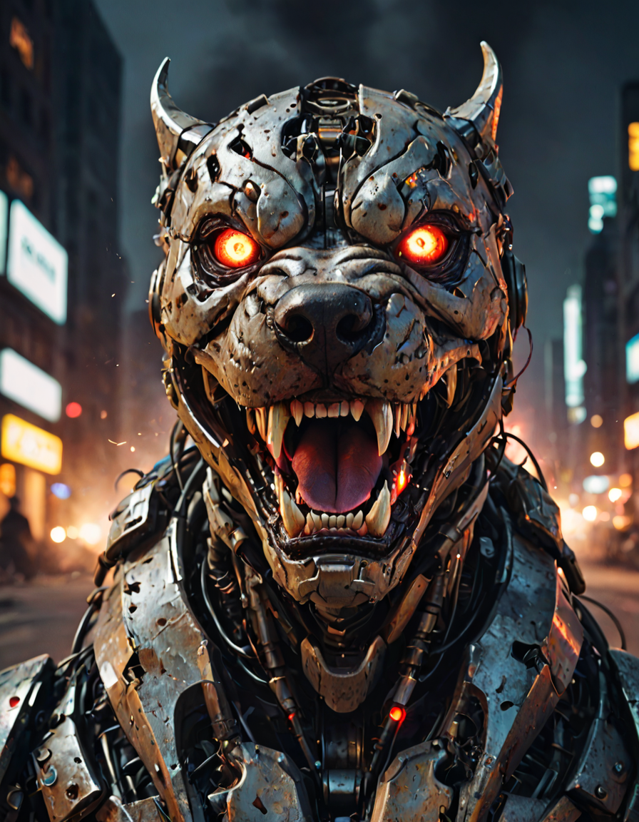 angry pitbull ((robot)), flaming teeth, night, neon lights, battle damaged, scratches and dents, battle worn, machine,futuristic ,robot eyes,distorted pupils,distorted eyes, Unnatural anatomy, strange anatomy,things on face, BREAK downtown street, buildings on fire, rubble explosions smoke in the background,