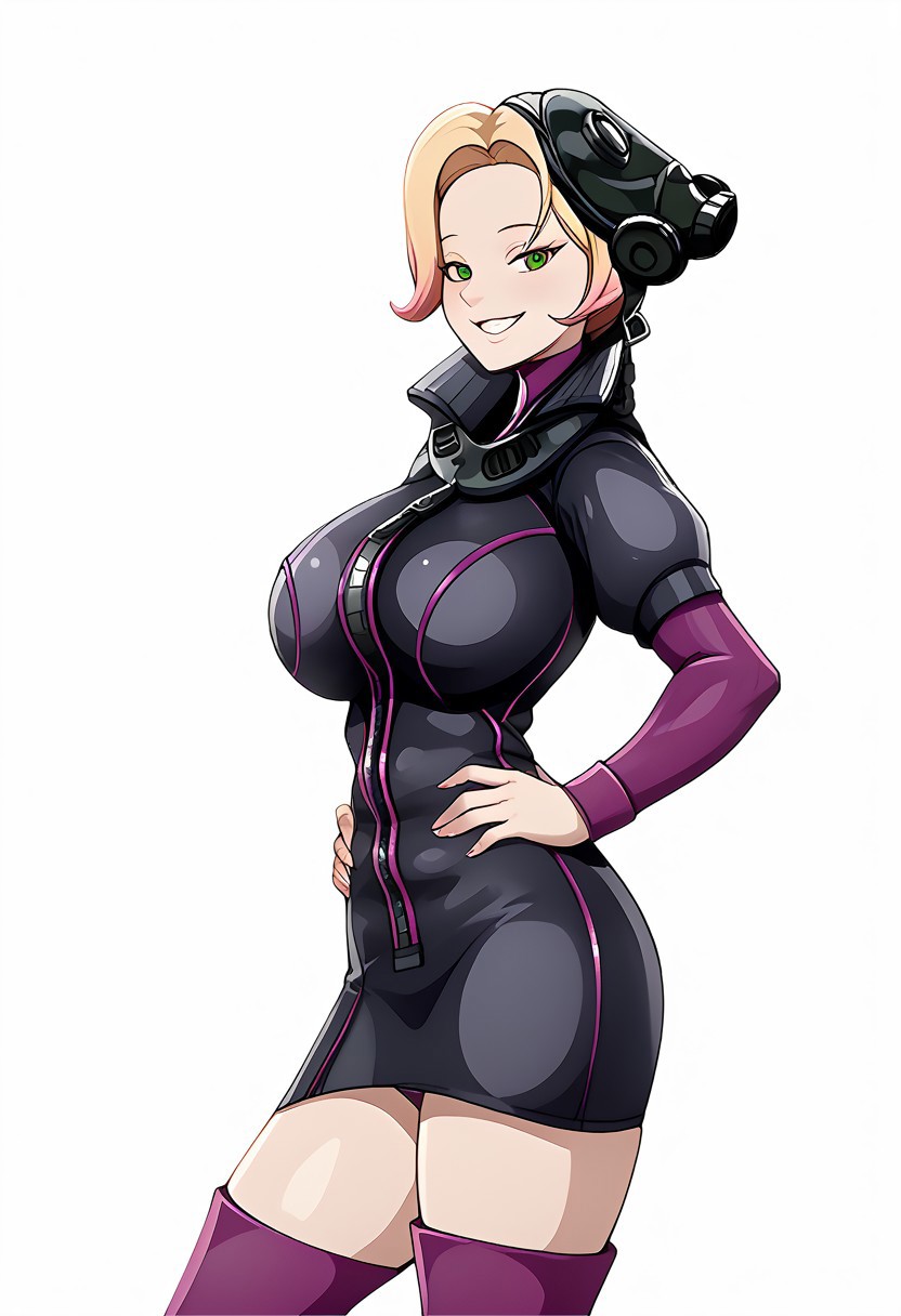score_up_9, score_up_8, score_up_7, best quality, D-Tox, 1girl, smile, white background, simple background, looking at viewer, gasmask on head, hands on hips, LATEX clothing, ((5 perfect fingers)), from side, looking at viewer,