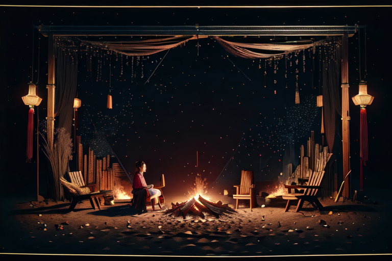 highly insanely detailed, masterpiece, top quality, best quality, highres, 4k, 8k, RAW photo, (very aesthetic, beautiful and aesthetic),  
(code_style,codestyle),traditional chinese text,(sympattern,geometric pattern),doodle pattern,symbolic patterns,colorful,vignette,vibrant,geometric pattern wallpaper, 
<lora:CodeStyle (half generic class)_564920:1>, 
(1girl:1.3), 1other, 
Beach Bonfire, nighttime setting with a roaring bonfire, people sitting around on logs, roasting marshmallows, starry sky above, the sound of the ocean in the background , at night,(pure magenta background,transparent background:1.2),âââ