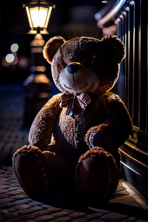 photo of a realistic giant teddy bear under a street lamp at night, rembrandt lighting, bokeh, octane, unreal, to8contrast style
