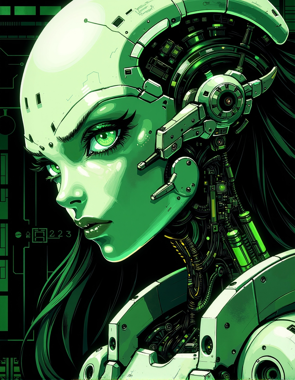 <lora:ck-Goro-Fujita:1>, digital artwork in the style of ckgf, A mesmerizing close-up portrait of an alien woman, her striking features blending extraterrestrial elegance with subtle mechanical elements. Her skin has a smooth, otherworldly texture, adorned with small, organic patterns. Her long, wavy hair cascades around her face, but in the Gameboy-style palette of green, white, and black. Mechanical elements are seamlessly integrated into her face and neck—sharp, angular pieces emerge like delicate circuitry. The chiaroscuro-inspired lighting brings deep contrast, with bold shadows enhancing her alien beauty. The background features a cyberpunk workshop, and the limited palette emphasize the alien and mechanical features, while a soft green glow outlines parts of her face and hair, creating a futuristic yet nostalgic visual reminiscent of early handheld gaming
<lora:ck-nc-pastel-cyberpunk:0.3>
<lora:ck-MetalGearSolid:0.25>
<lora:RetroAnimeFluxV1:0.25>