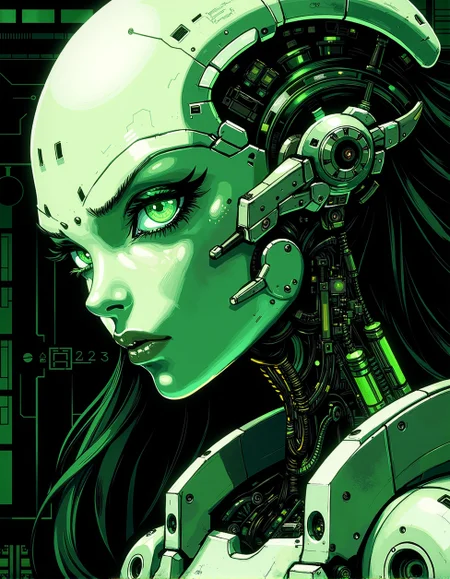 <lora:ck-Goro-Fujita:1>, digital artwork in the style of ckgf, A mesmerizing close-up portrait of an alien woman, her striking features blending extraterrestrial elegance with subtle mechanical elements. Her skin has a smooth, otherworldly texture, adorned with small, organic patterns. Her long, wavy hair cascades around her face, but in the Gameboy-style palette of green, white, and black. Mechanical elements are seamlessly integrated into her face and neck—sharp, angular pieces emerge like delicate circuitry. The chiaroscuro-inspired lighting brings deep contrast, with bold shadows enhancing her alien beauty. The background features a cyberpunk workshop, and the limited palette emphasize the alien and mechanical features, while a soft green glow outlines parts of her face and hair, creating a futuristic yet nostalgic visual reminiscent of early handheld gaming
<lora:ck-nc-pastel-cyberpunk:0.3>
<lora:ck-MetalGearSolid:0.25>
<lora:RetroAnimeFluxV1:0.25>