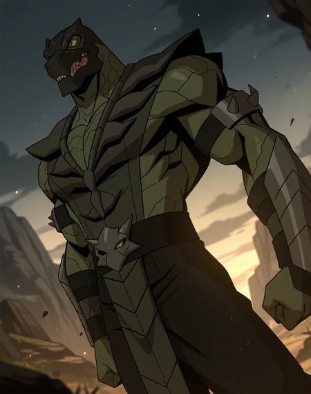 <lora:Reptile_(Mortal_Kombat_Legends_Scorpion's_Revenge)_(Illustrious)_(AD):1> Reptile_MK, muscular, Mortal Kombat,
dutch angle, exterior, monumental architecture, wasteland, dark night sky with black clouds, mountains, ancient Asian stone ruins,
male focus, gradient coloring, villain, intimidating, fierce, cowboy shot,
BREAK very awe, aesthetically pleasing, masterpiece, best quality, amazing quality, very aesthetic, perfect depth of field shot, in'ei, source_furry, furry_art,
Smooth Quality, lazympos, IllustQualXL_Pos,