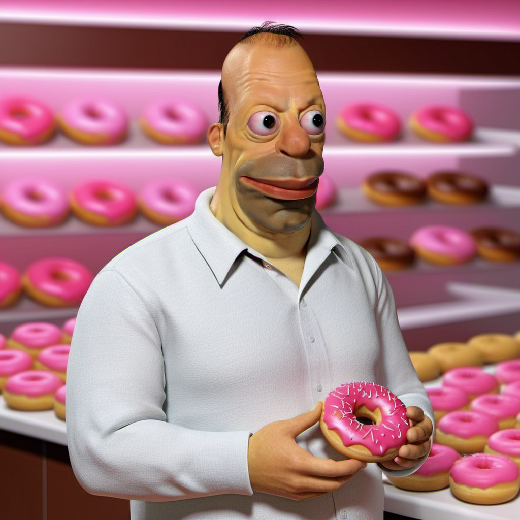 Homer1024, a man with a white shirt and a jean pants, eat a pink donut in a pastry store,  highly detailed, photography, ultra sharp, film, bokeh, professional, 64k   <lora:Homer1024:0.8>