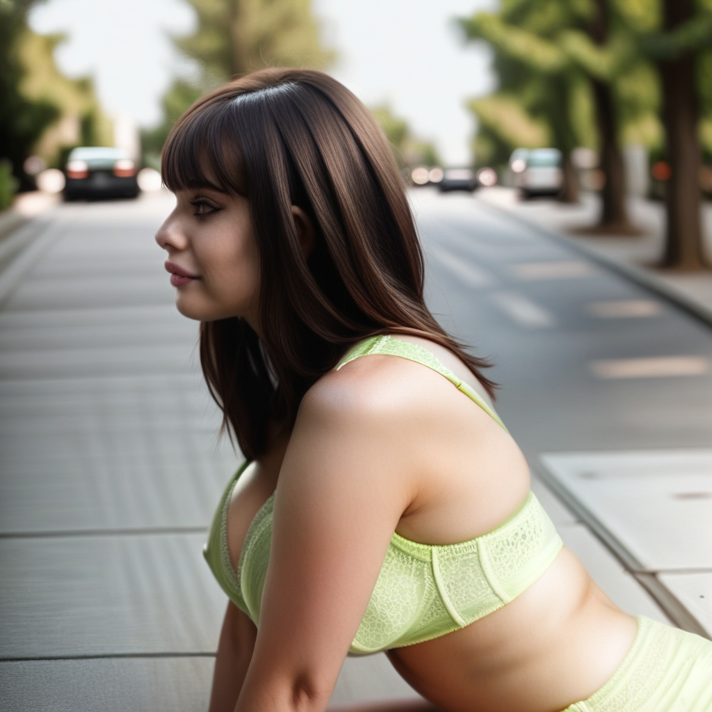 lips, covered nipples, eyelashes, long hair, breasts, all fours, realistic, pool, ground vehicle, bra, green bra, motor vehicle, from side, large breasts, profile, bangs, bare shoulders, road, blurry background
