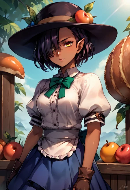score_9, score_8_up, score_7_up, score_6_up, score_5_up, score_4_up, source_anime, , (best quality) , (highly detailed) , (best quality) , (highly detailed) ,((masterpiece)), ((best quality)), (ultra-detailed), ((extremely detailed)), (high resolution), 4K, (8K), best quality, (beautiful), (dynamic lighting), (super detailed skin), sharp focus, (1_girl, solo focus), shiny skin, masterpiece ,absurdres ,detailed face ,beautiful face ,<lora:lucaKuroinuV1:0.9> LucaKuroinu, short hair, bangs, black hair, medium breasts, yellow eyes, pointy ears, dark skin, hair over one eye, dark-skinned female, dark elf,
skirt, shirt, hat, bow, white shirt, short sleeves, boots, frills, food, puffy sleeves, bowtie, apron, puffy short sleeves, blue skirt, black headwear, fruit, leaf, brown footwear, frilled skirt, cross-laced footwear, peach, (rainbow order:1.5)
(portrait, upper body), OverallDetail