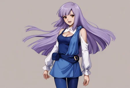 score_9, score_8_up, score_7_up, source_anime, good anatomy, 1girl, solo, RouxLouka, lavender hair, hime cut, long hair,brown eyes, blue tanktop, cleavage cutout, white sleeves, bare shoulder, light blue short dress, fanny pack, blue pantyhose, light blue legwarmers, white boots, standing, smiling, open mouth, contrapposto
