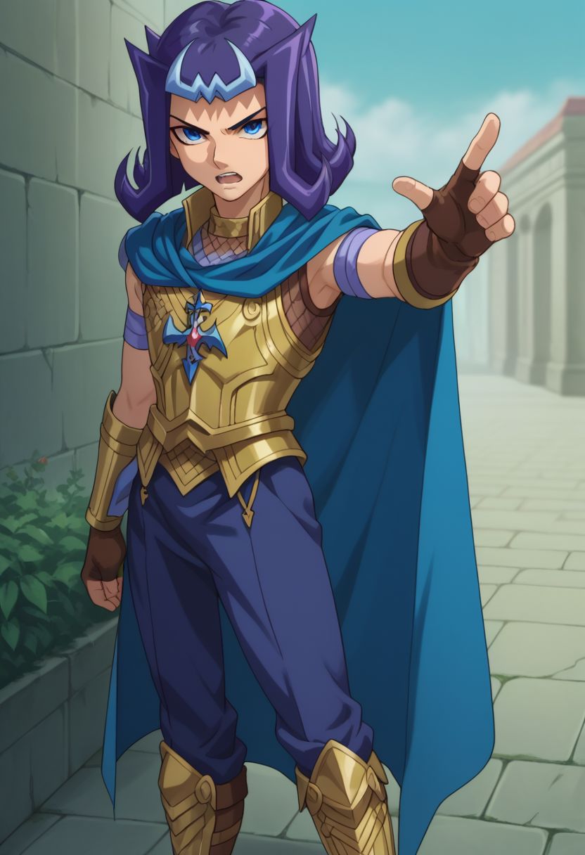 score_9, score_8_up, score_7_up, source_anime, highly detailed, 
shark, solo, 1boy, male focus, blue eyes, purple hair, blue hair, multicolored hair, armor, shoulder armor, gold armor, cape, blue cape, boots, knee boots, gloves, fingerless gloves, leather gloves, brown gloves, arm raised, open mouth, looking up, serious,
outdoor,