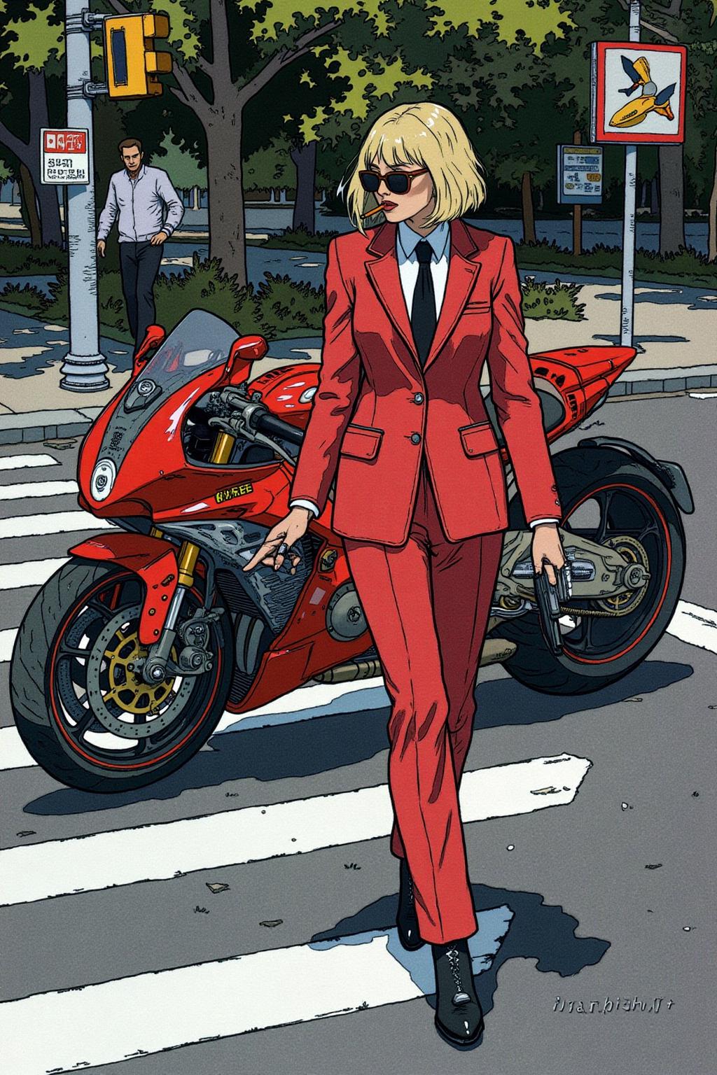 ivanbilibin1 illustration. Overhead shot of an Blonde woman walking away from a futuristic motorcycle parked at a zebra crossing. The woman has bob hair, is smoking. She wear a red business suit, white shirt, black tie, and sunglasses. She holds a gun with a confident grip. The motorcycle itself is red, sleek and metallic, with intricate designs and a futuristic vibe <lora:ivanbilibin2_cap_d6a3e11:1.0><lora:857328050465941562:0>