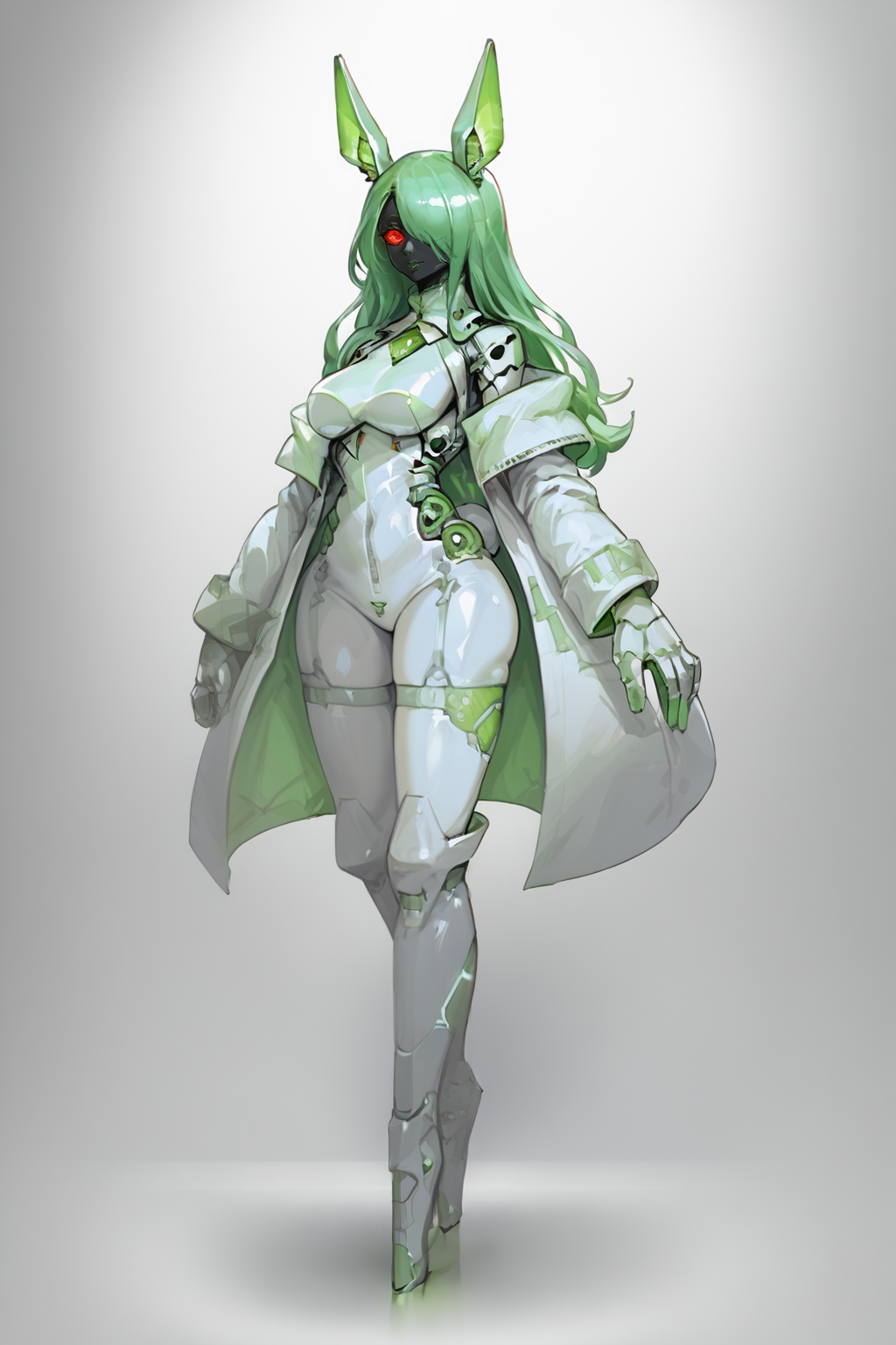score_9, score_8_up, score_7_up, score_6_up, score_5_up, score_4_up, BREAK, source_anime, solo, 1girl, rating_safe, ((mature female)), ((long green flowing hair)), mechanical parts, (big backwards folded mechanical rabbit ears), mature female, (bunny ears), (animal ears), subdermal port, ((milf, mature female, big breasts)), hexagon lines in skin, naval uniform overcoat, naval uniform, white military uniform, dress_uniform, ribbons, ((red eyes)), bunny tail, rabbit tail, aiguillette, ((green hair)), ascot, ((Low angle (from the side) view medium Distance shot)), latex pilot suit, shoulder cutout, bunny rabbit Tail, ((hair over one eye, )), digitigrade, clawed feet, minimal clothes, ((metal skin, shiny skin, vampire aesthetic, digital eyes, filled eyes, monochromatic eyes, glowing eyes, colored sclera, red sclera, mechanical eyes, partially shaded face, )), <lora:ECHANIS:1>,  <lora:Pochincoff_Style_Lora:0.8> pochincoff, robot girl, visor, big eyes, 4 eyes, <lora:chokerV2:1> alien parasite ckr sucked on neck, ckr