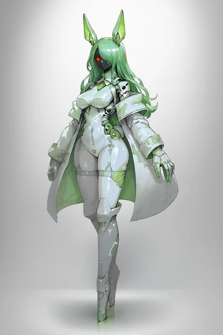 score_9, score_8_up, score_7_up, score_6_up, score_5_up, score_4_up, BREAK, source_anime, solo, 1girl, rating_safe, ((mature female)), ((long green flowing hair)), mechanical parts, (big backwards folded mechanical rabbit ears), mature female, (bunny ears), (animal ears), subdermal port, ((milf, mature female, big breasts)), hexagon lines in skin, naval uniform overcoat, naval uniform, white military uniform, dress_uniform, ribbons, ((red eyes)), bunny tail, rabbit tail, aiguillette, ((green hair)), ascot, ((Low angle (from the side) view medium Distance shot)), latex pilot suit, shoulder cutout, bunny rabbit Tail, ((hair over one eye, )), digitigrade, clawed feet, minimal clothes, ((metal skin, shiny skin, vampire aesthetic, digital eyes, filled eyes, monochromatic eyes, glowing eyes, colored sclera, red sclera, mechanical eyes, partially shaded face, )), <lora:ECHANIS:1>,  <lora:Pochincoff_Style_Lora:0.8> pochincoff, robot girl, visor, big eyes, 4 eyes, <lora:chokerV2:1> alien parasite ckr sucked on neck, ckr