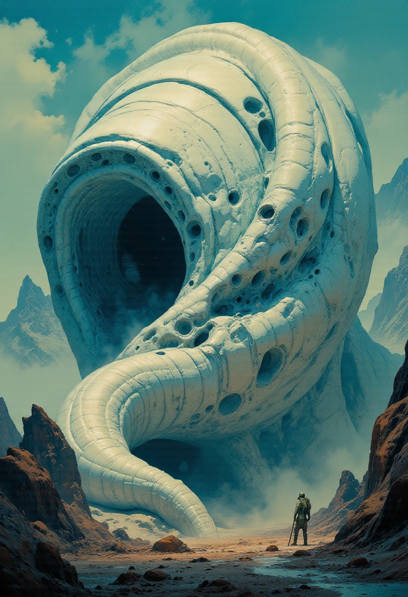 8k high quality digital painting, masterpiece, very detailed, ultra realistic, (best quality) very detailed epic masterpiece, boris vallejo style, frank frazetta style, realistic oil painting, retro artstyle,  backlight, 
The Murmuring Slopes a range of pale, porous hills that hum and whisper when the wind cuts across them. Deep inside the hills, enormous fossilized worms coil, and sometimes one twitches shifting the landscape subtly overnight. live action 80's dark fantasy vhs still, , Grindhouse Gothic Pop-Noir aesthetic,
atmosphere, deep mysticism, magical concentration
, fairytale-like, realistic detailed oil painting style Rembrandt style, Vermeer style, Dungeons and dragons atmosphere, heroic fantasy, realistic, realism,