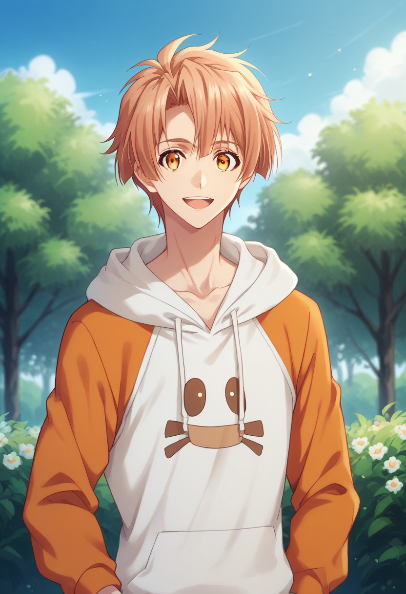 score_9, score_8_up, score_7_up, source_anime, highly detailed, 
mitsuki, 1boy, male focus, hood, hoodie, solo, looking at viewer, orange eyes, yellow eyes, pants, animal print, orange hair, upper body,
outdoor, sky, tree, smile, open mouth,