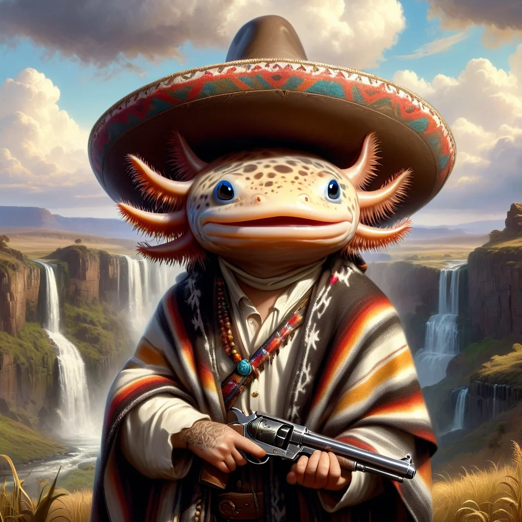 (masterpiece:1.5) <lora:Axomodel XL:0.7> 4xolotl, portrait of axtolotl wearing sombrero and poncho, holding ornate heirloom revolver, posing, proud facial expression, stylized digital painting, waterfall and plains and clouds in background