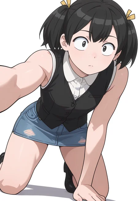 Smooth Quality,masterpiece,very intricate, high quality details, ultra realistic, high detailed skin,detailed enviorement,
simple background, white background,
dynamic angle,in heat,kneeling pose, one hand on the ground, other hand reaching forward, focused gaze, tense muscles, ,
<lora:Tadano_Hitomi_cnn:0.7> tadanohitomicnn, 1girl,black hair, short hair, twintails, black eyes, bangs, hair ribbon,
waistcoat, ,denim skirt, ,
