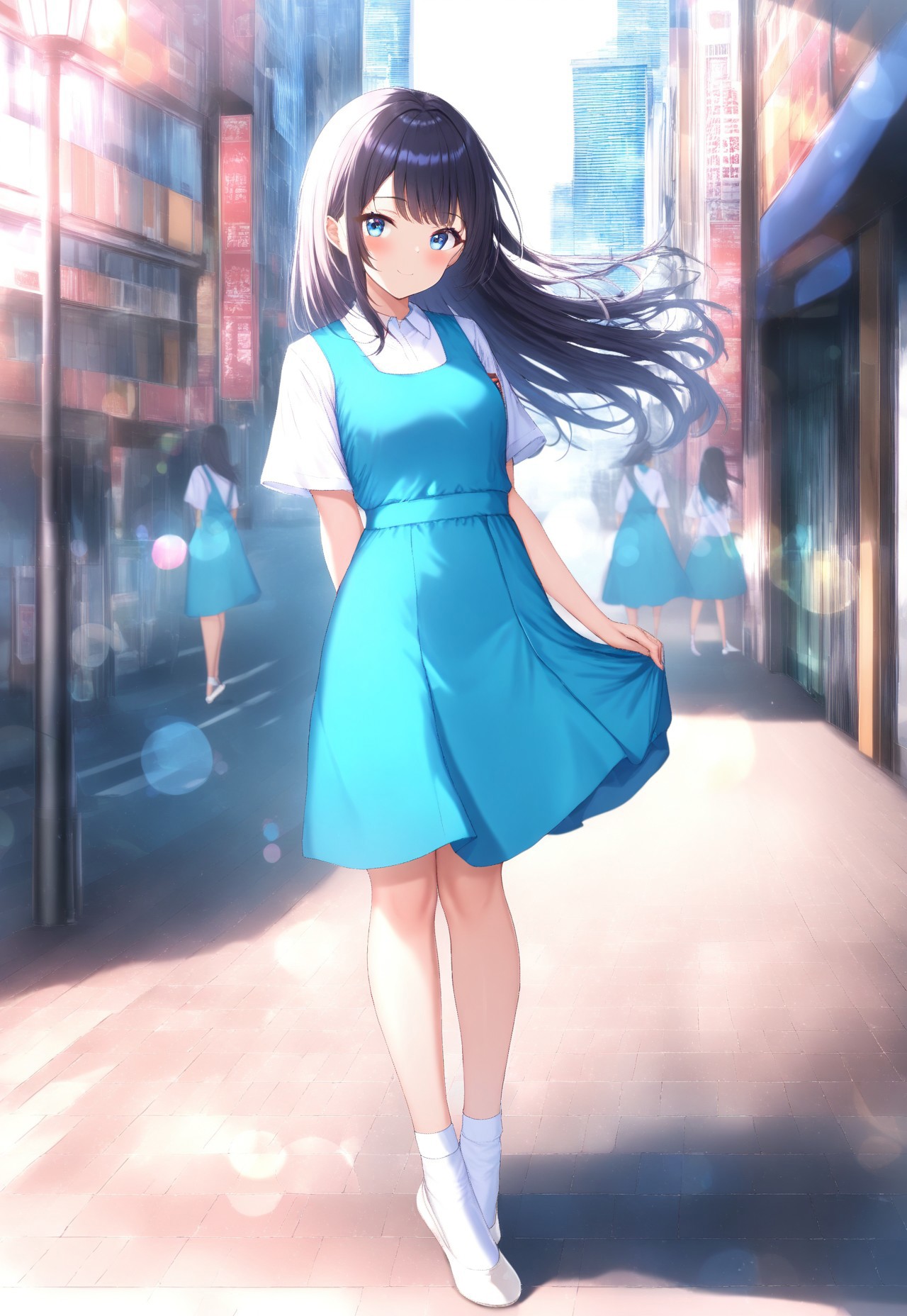 masterpiece, best quality,amazing quality,(1girl), solo,(depth of field),(solo focus),8K,HDR,(ultra high res),(highres),(full body),(lens flare),smile,blush,(black hair),(long hair),(blue eyes),(floating hair), sidelocks,(malaysian secondary school uniform),(pinafore dress),(aqua blue skirt),(blue pinafore),(collared shirt),(white shirt),(short sleeves),(white socks),(short socks),(white footwear),(ballet flat),(outdoor),(cityspace),(city),(street),(lampost),(standing),(looking at viewer)
