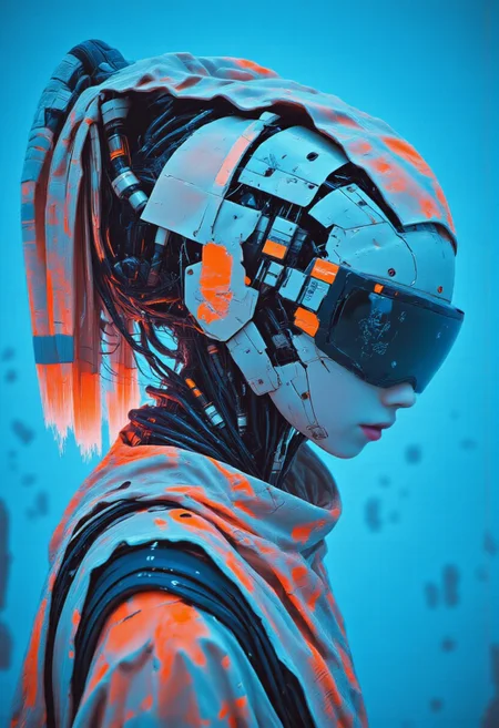 neon-mist, cpstyle. A high-resolution digital artwork featuring a futuristic, cybernetic woman with an intricate mechanical design. Her sleek, robotic exoskeleton is predominantly white with striking orange accents, composed of interlocking plates, exposed wiring, and glowing circuitry that pulse with an eerie energy. A large, circular visor obscures her eyes, its reflective surface displaying cryptic digital patterns, reinforcing her enigmatic, android-like presence.
Her head is adorned with an advanced neural interface, an intricate headdress of segmented metal plating and delicate fiber-optic strands woven together like a synthetic crown. The headdress integrates seamlessly into the high-tech plating along her neck and shoulders, forming a rigid yet elegant collar with engraved circuitry patterns. Thin mechanical tendrils extend from the back of her head, glowing faintly as they process vast streams of data.
The fusion of biomechanical and traditional elements is evident in the subtle engravings along her plating, resembling ancient embroidery reimagined through futuristic technology. The background is a cold, gradient blue, evoking the sterile atmosphere of a deep-space research station or an advanced AI laboratory. Every element is meticulously detailed, blending high-concept cyberpunk aesthetics with cutting-edge digital craftsmanship.