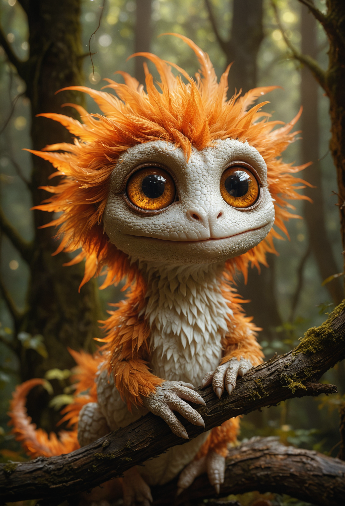 A whimsical creature with a gentle expression, hybrid of reptile and cute monster, lights up the frame, flaunting a fiery orange mane that crowns its soft cream-colored, spike-feathered body, it gazes upwards with large innocent glassy brown eyes, clutching a dark brown branch, against an enigmatic backdrop with soft highlights suggesting a dappled forest ambiance, <lora:MJ52:0.3>, <lora:SDXLFaeTastic2400:0.3>, <lora:detailed_notrigger:0.3>, <lora:add-detail-xl:1>