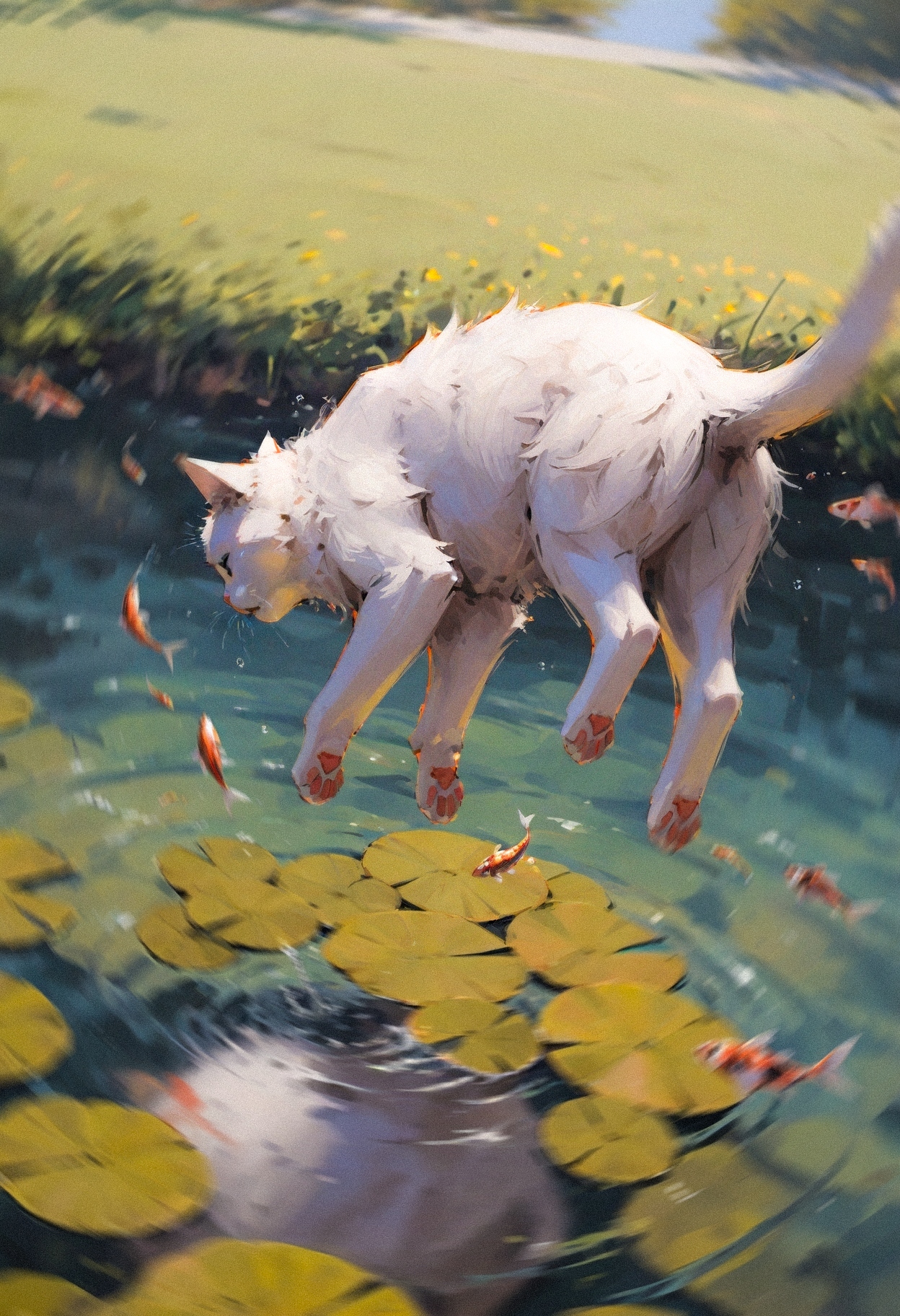 (dutch angle:1.2), dynamic angle, 
very awa, masterpiece, highres, absurdres,
(solo:1.1), cat, animal, animal focus, tiny, cute, small, fluffy, falling down, no humans,  from behind, dynamic pose, fish, catching,  pound, water, outside, nature, plant, floating, 
<lora:NOOB_vp1_detailer_by_volnovik_v1:0.35> <lora:noobai_ep11_stabilizer_v0.114_fp16:0.35> <lora:ponyv6_vpred6:0.3> 
<lora:klskx-12:0.85> (klskx:1.1)  <lora:AESTX:0.4> <lora:YTSKX:0.4> (konya karasue, 96yottea:1.1),  realistic,