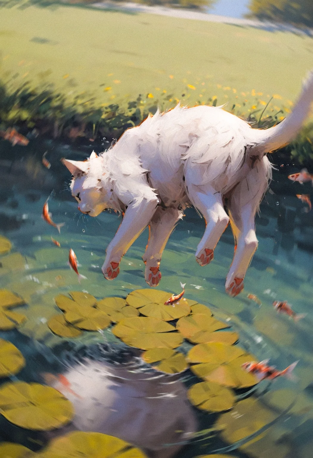 (dutch angle:1.2), dynamic angle,
very awa, masterpiece, highres, absurdres,
(solo:1.1), cat, animal, animal focus, tiny, cute, small, fluffy, falling down, no humans, from behind, dynamic pose, fish, catching, pound, water, outside, nature, plant, floating,
<lora:NOOB_vp1_detailer_by_volnovik_v1:0.35> <lora:noobai_ep11_stabilizer_v0.114_fp16:0.35> <lora:ponyv6_vpred6:0.3>
<lora:klskx-12:0.85> (klskx:1.1) <lora:AESTX:0.4> <lora:YTSKX:0.4> (konya karasue, 96yottea:1.1), realistic,